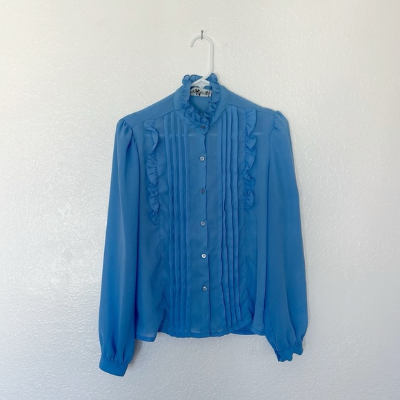 Vintage Tops - Vintage Blue Tuxedo Blouse 1980s High Neck Ruffle Womens Top Lloyd Harry Dumber